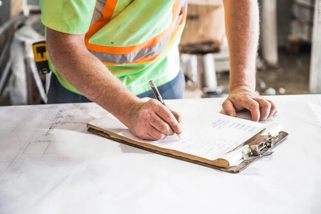 A construction worker in a hi-vis vest writing on a clipboard over site plans