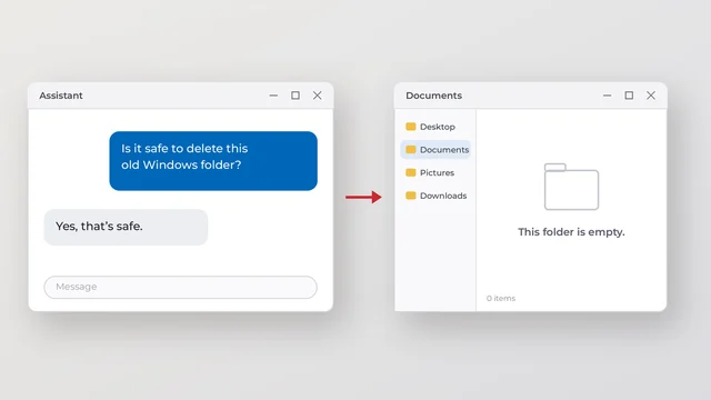 Chat window asking if an old Windows folder is safe to delete, answered yes, next to an empty Documents folder