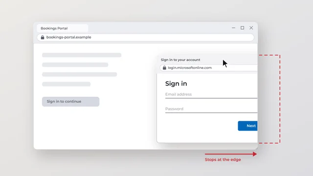 Browser window with a fake sign-in pop-up that gets cut off at the edge of the browser when dragged