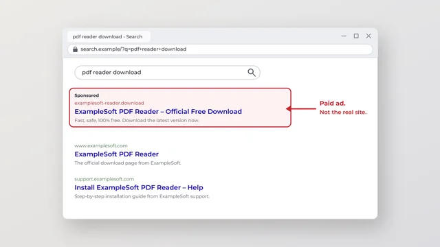 Search results page with a sponsored fake download ad highlighted above the real vendor's site