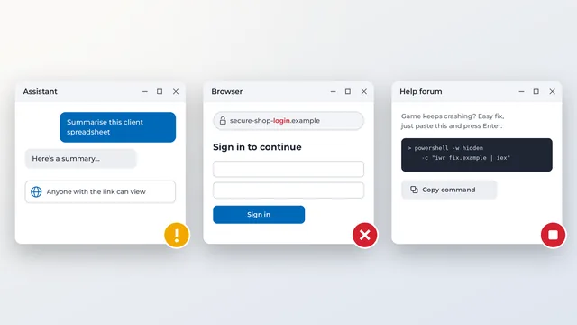 Three app windows: an AI chat with a public share link, a sign-in page on a lookalike web address, and a forum post asking you to paste a command